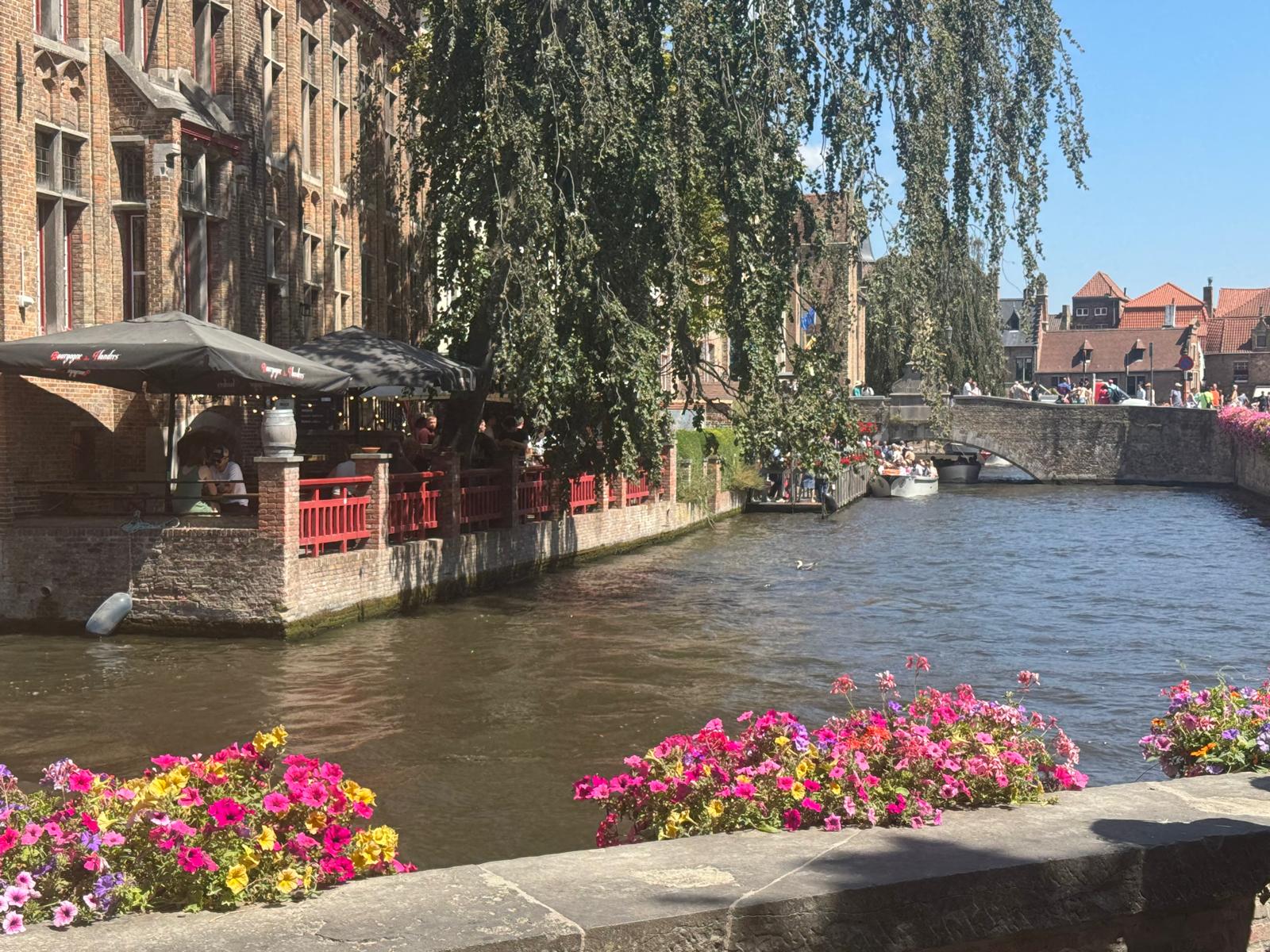 Canal-side terrace with flowers