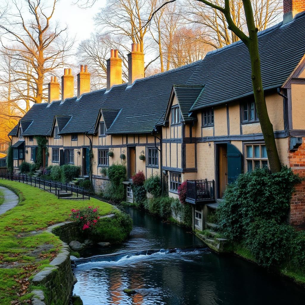 Arlington Row weavers' cottages beside a stream