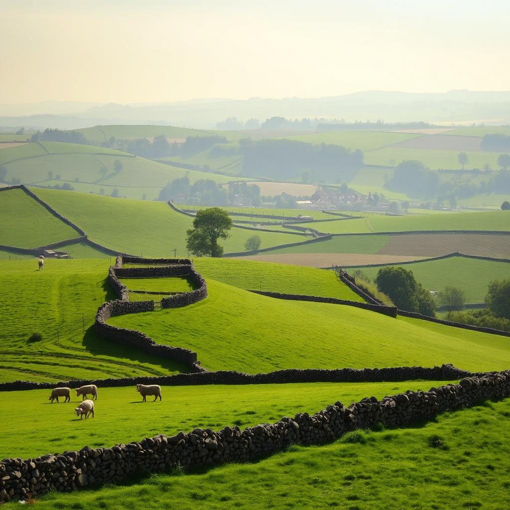 Rolling green Cotswold hills with dry stone walls and sheep