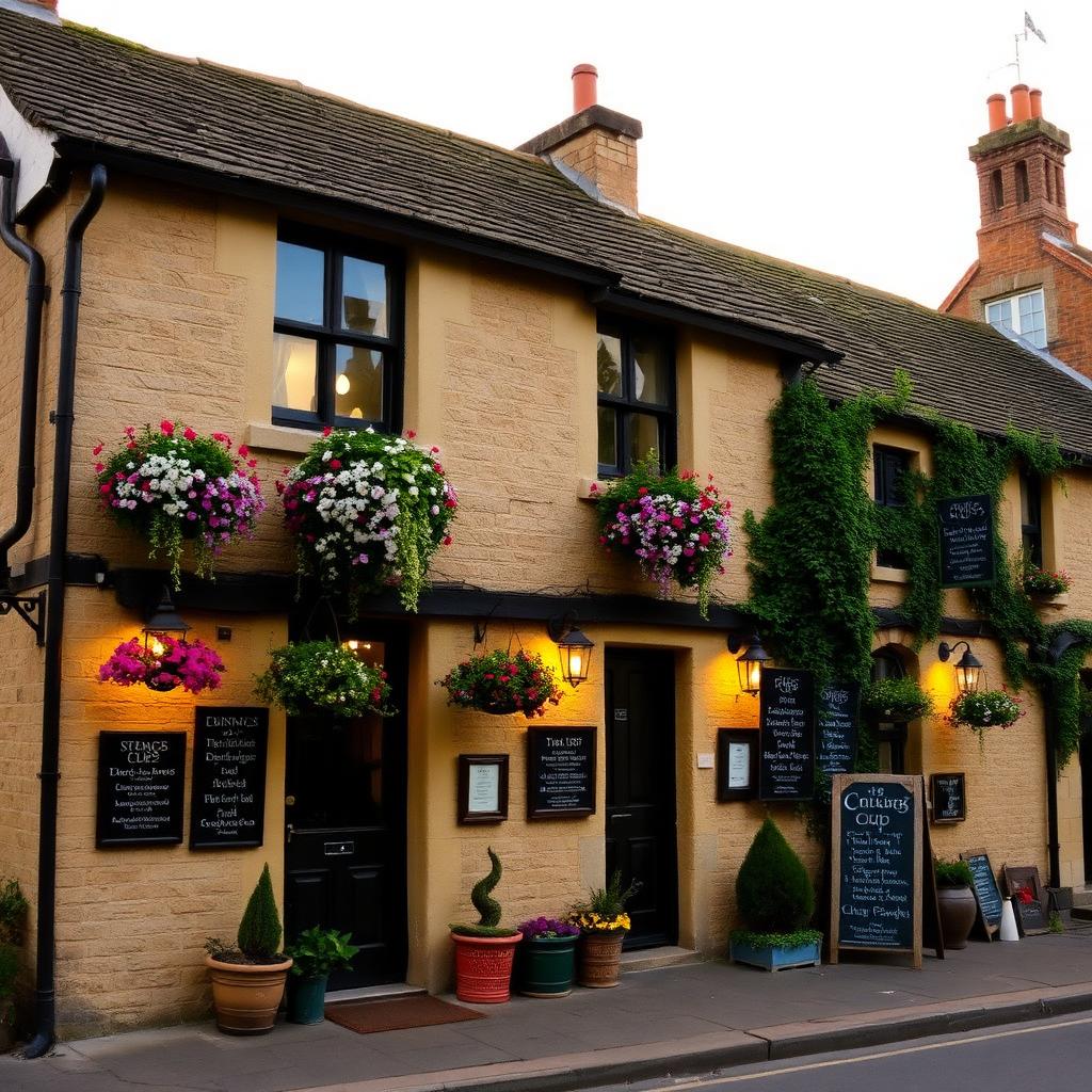 Cosy country pub covered in hanging flower baskets