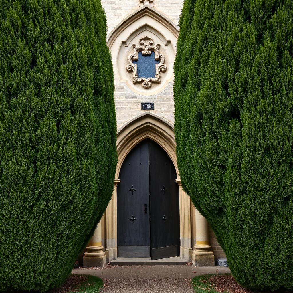 Ancient church door framed by yew trees in Stow-on-the-Wold
